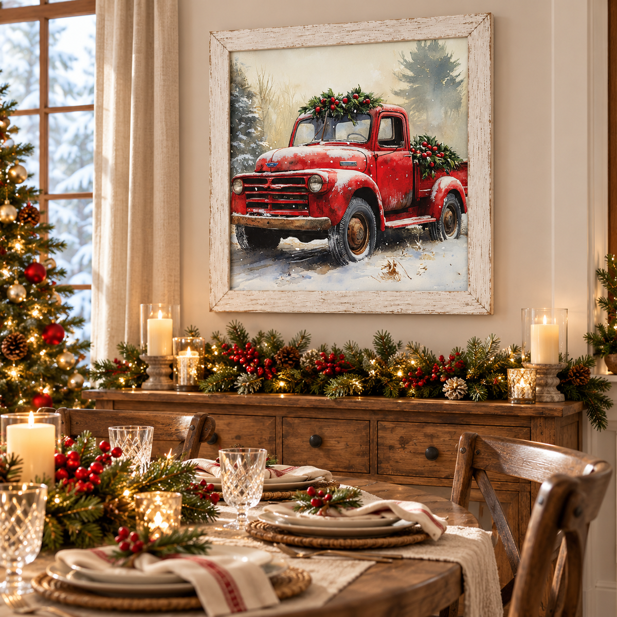 Vintage Red Truck Christmas Wall Sign - Holly &amp; Snowy Pines, Distressed White Frame