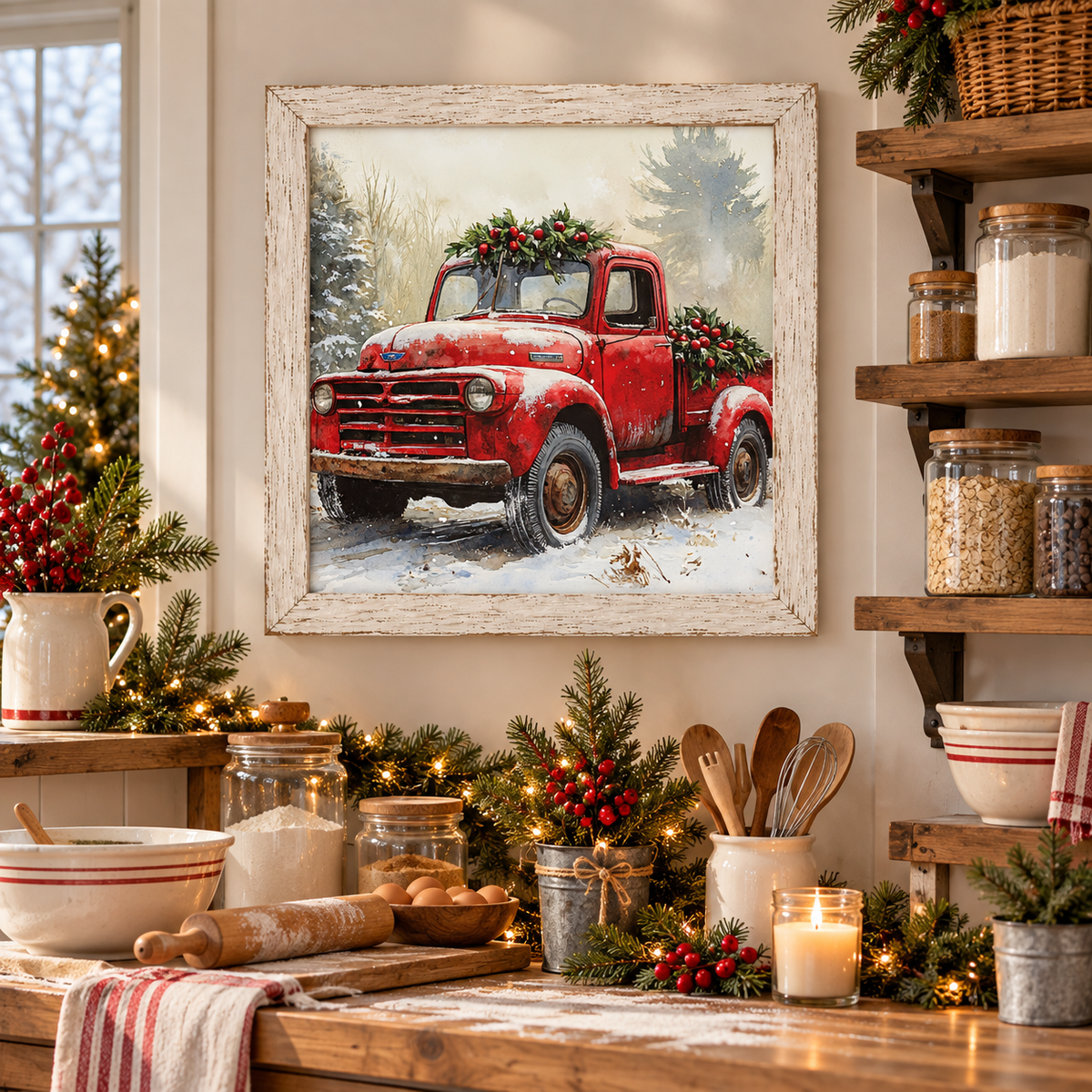 Vintage Red Truck Christmas Wall Sign - Holly & Snowy Pines, Distressed White Frame