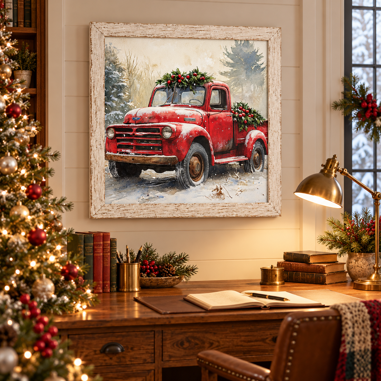 Vintage Red Truck Christmas Wall Sign - Holly & Snowy Pines, Distressed White Frame