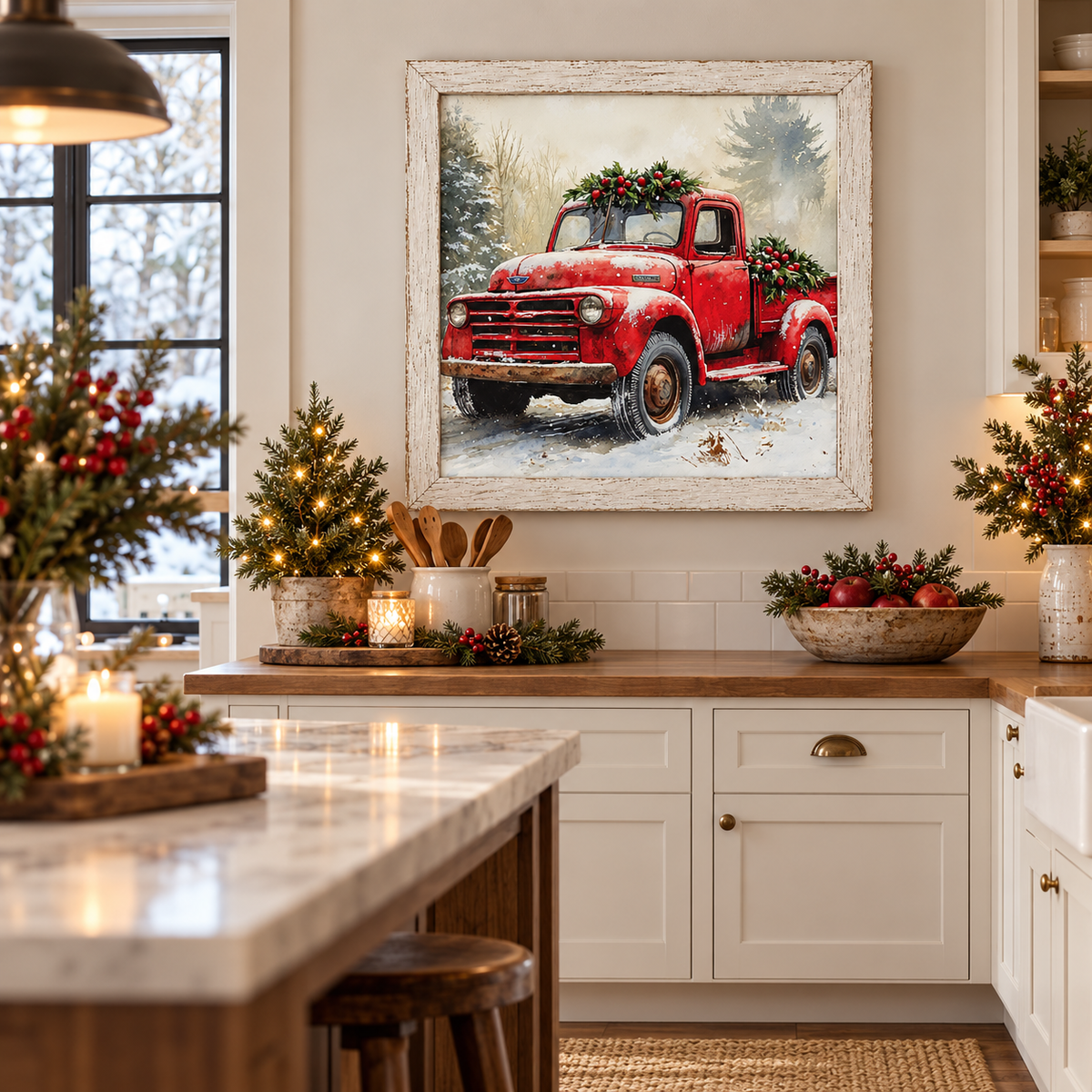 Vintage Red Truck Christmas Wall Sign - Holly & Snowy Pines, Distressed White Frame
