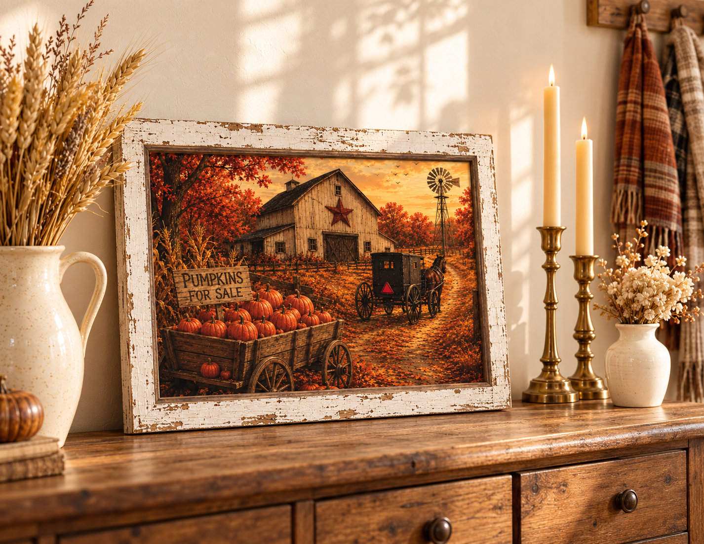Fall barn wall sign of an Amish horse and buggy, Pumpkins for Sale wagon, red star barn, and windmill in a 13.75 x 17.75 inch distressed white frame

