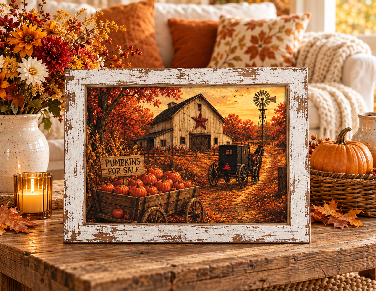 Fall barn wall sign of an Amish horse and buggy, Pumpkins for Sale wagon, red star barn, and windmill in a 13.75 x 17.75 inch distressed white frame
