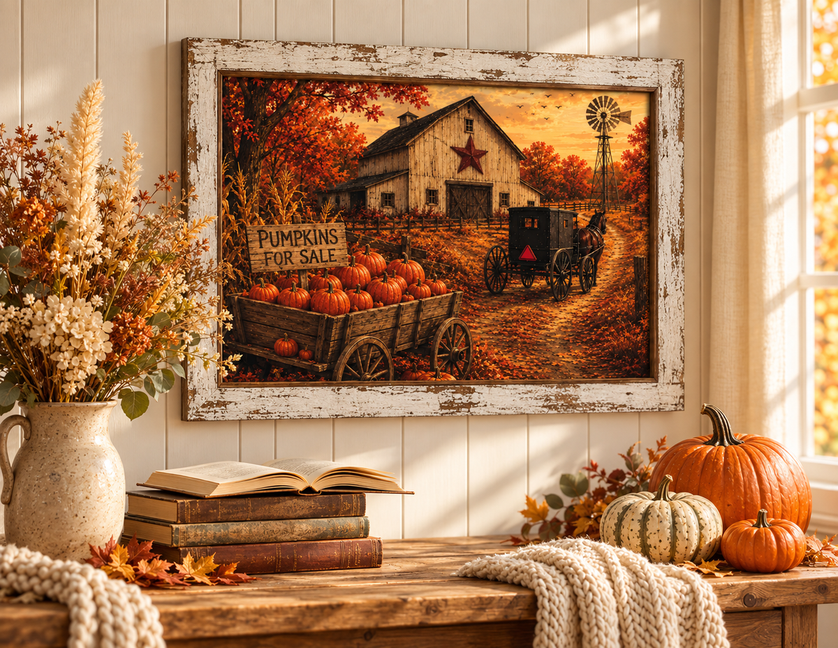 Fall barn wall sign of an Amish horse and buggy, Pumpkins for Sale wagon, red star barn, and windmill in a 13.75 x 17.75 inch distressed white frame
