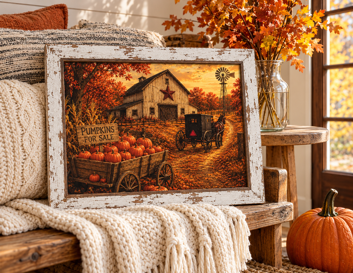 Fall barn wall sign of an Amish horse and buggy, Pumpkins for Sale wagon, red star barn, and windmill in a 13.75 x 17.75 inch distressed white frame
