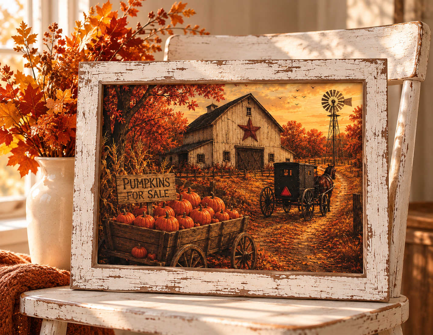 Fall barn wall sign of an Amish horse and buggy, Pumpkins for Sale wagon, red star barn, and windmill in a 13.75 x 17.75 inch distressed white frame

