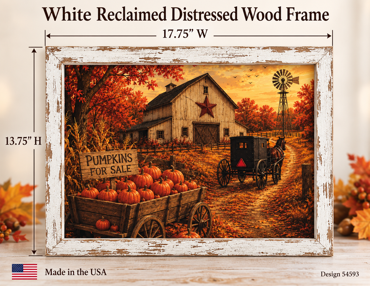 Fall barn wall sign of an Amish horse and buggy, Pumpkins for Sale wagon, red star barn, and windmill in a 13.75 x 17.75 inch distressed white frame
