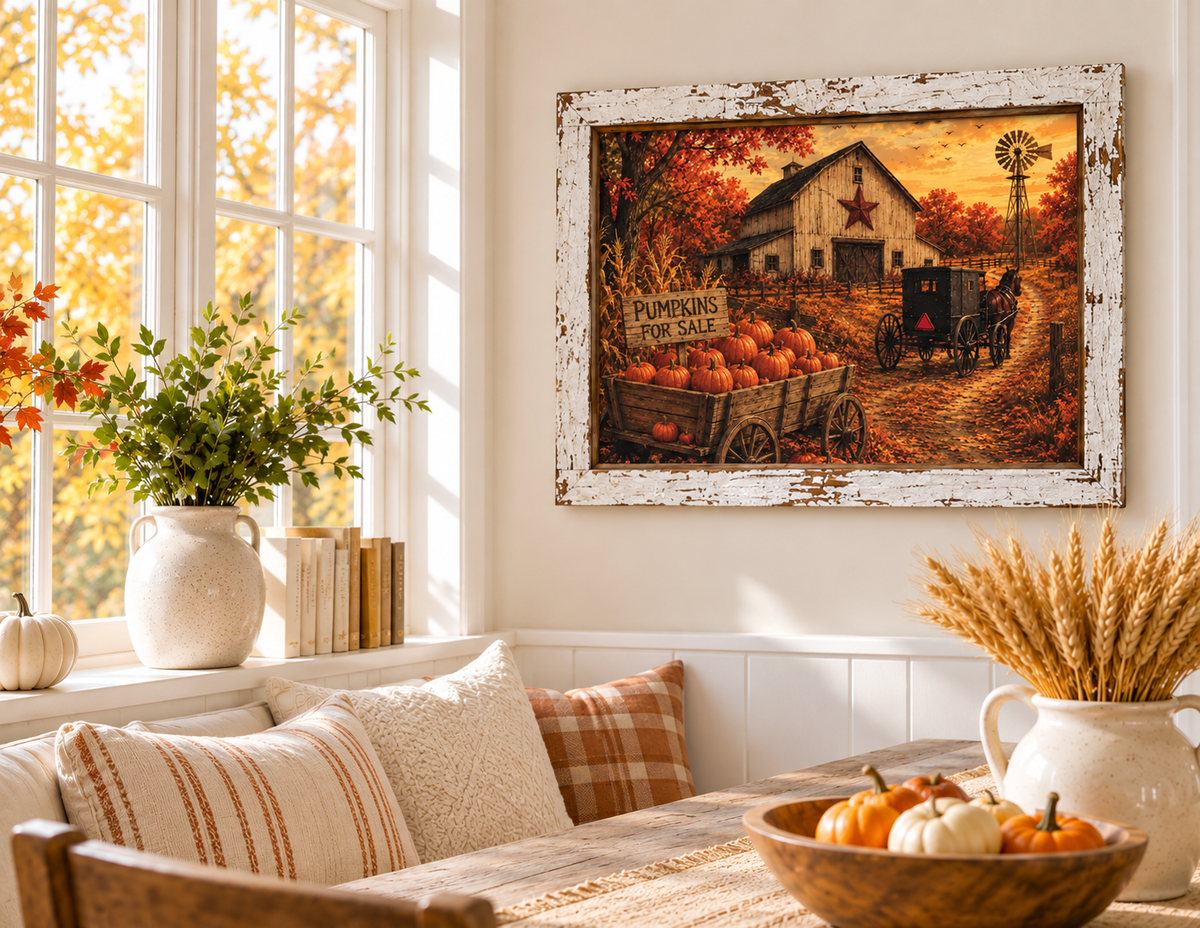 Fall barn wall sign of an Amish horse and buggy, Pumpkins for Sale wagon, red star barn, and windmill in a 13.75 x 17.75 inch distressed white frame

