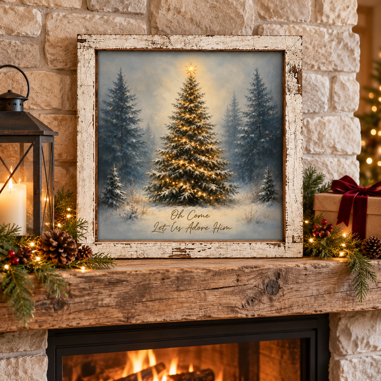 Oh Come Let Us Adore Him Christmas Tree Wall Sign - Lit Pine in Snow, 16 x 16" Distressed White Frame