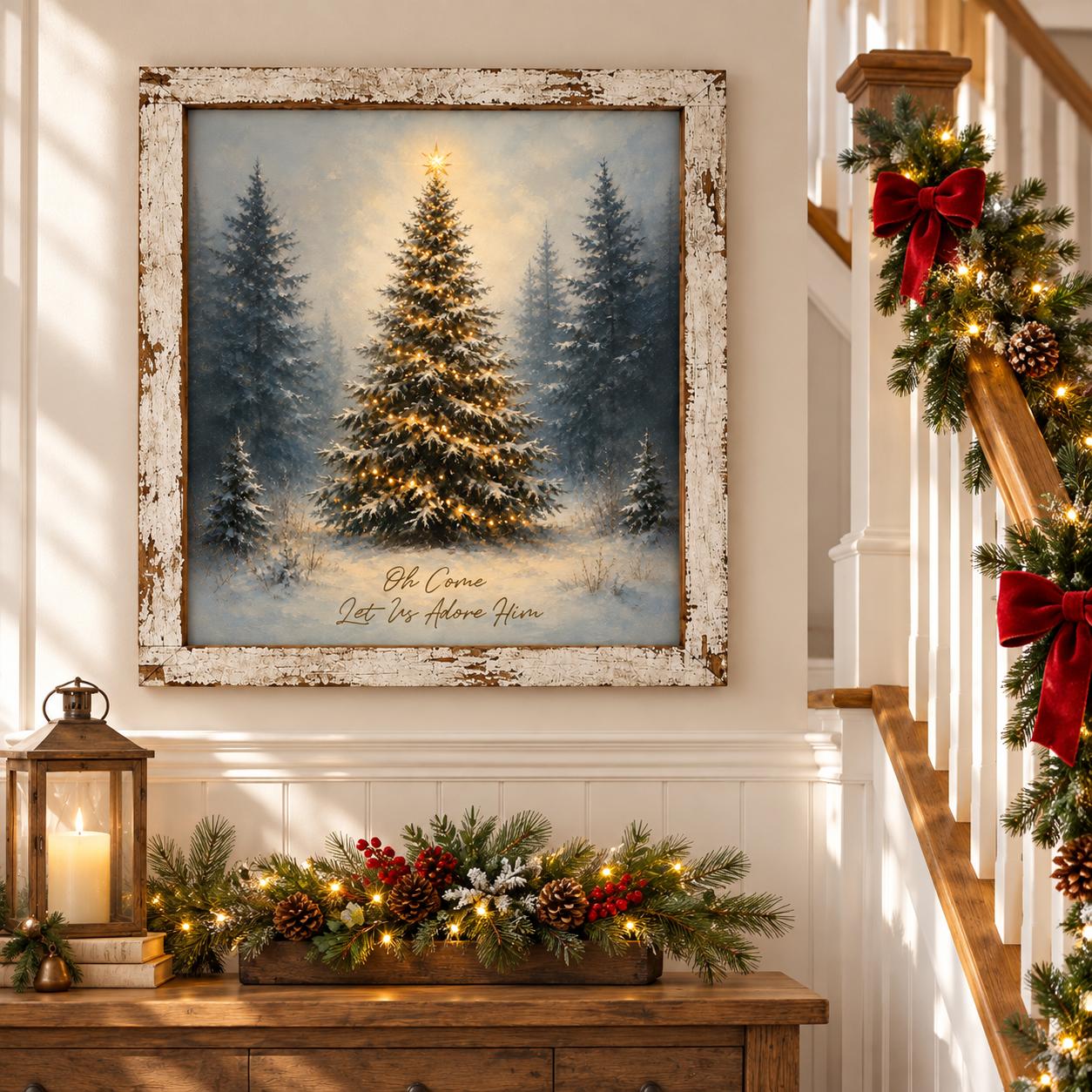 Oh Come Let Us Adore Him Christmas Tree Wall Sign - Lit Pine in Snow, 16 x 16" Distressed White Frame