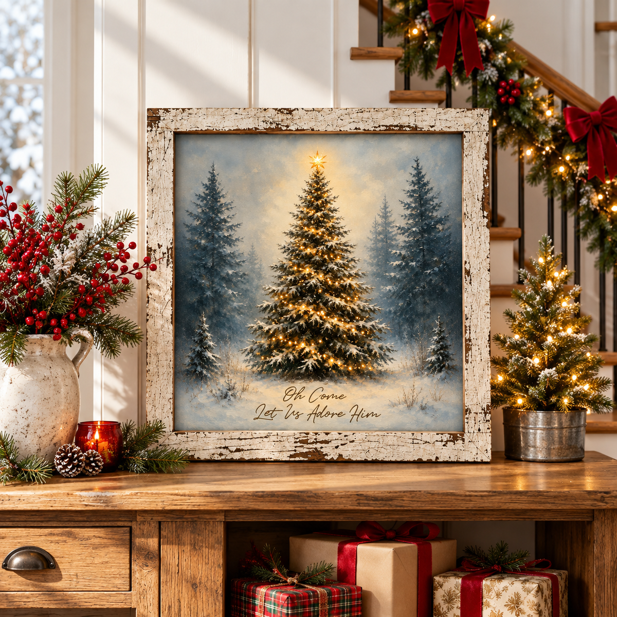 Oh Come Let Us Adore Him Christmas Tree Wall Sign - Lit Pine in Snow, 16 x 16" Distressed White Frame