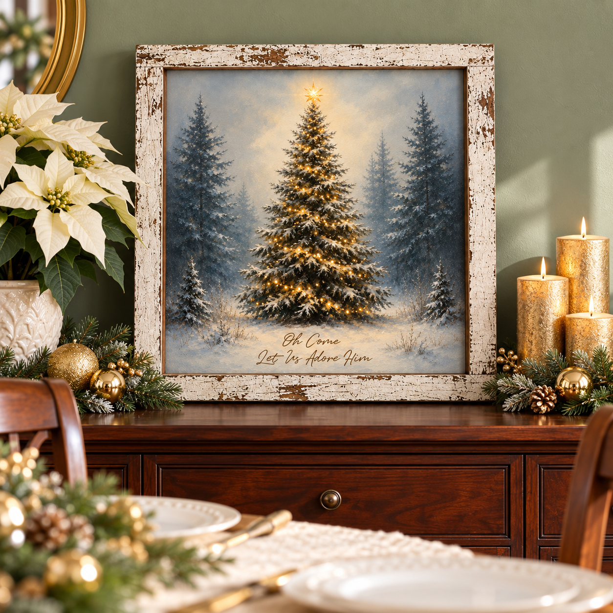 Oh Come Let Us Adore Him Christmas Tree Wall Sign - Lit Pine in Snow, 16 x 16" Distressed White Frame