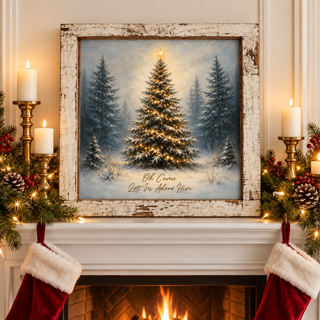 Oh Come Let Us Adore Him Christmas Tree Wall Sign - Lit Pine in Snow, 16 x 16" Distressed White Frame