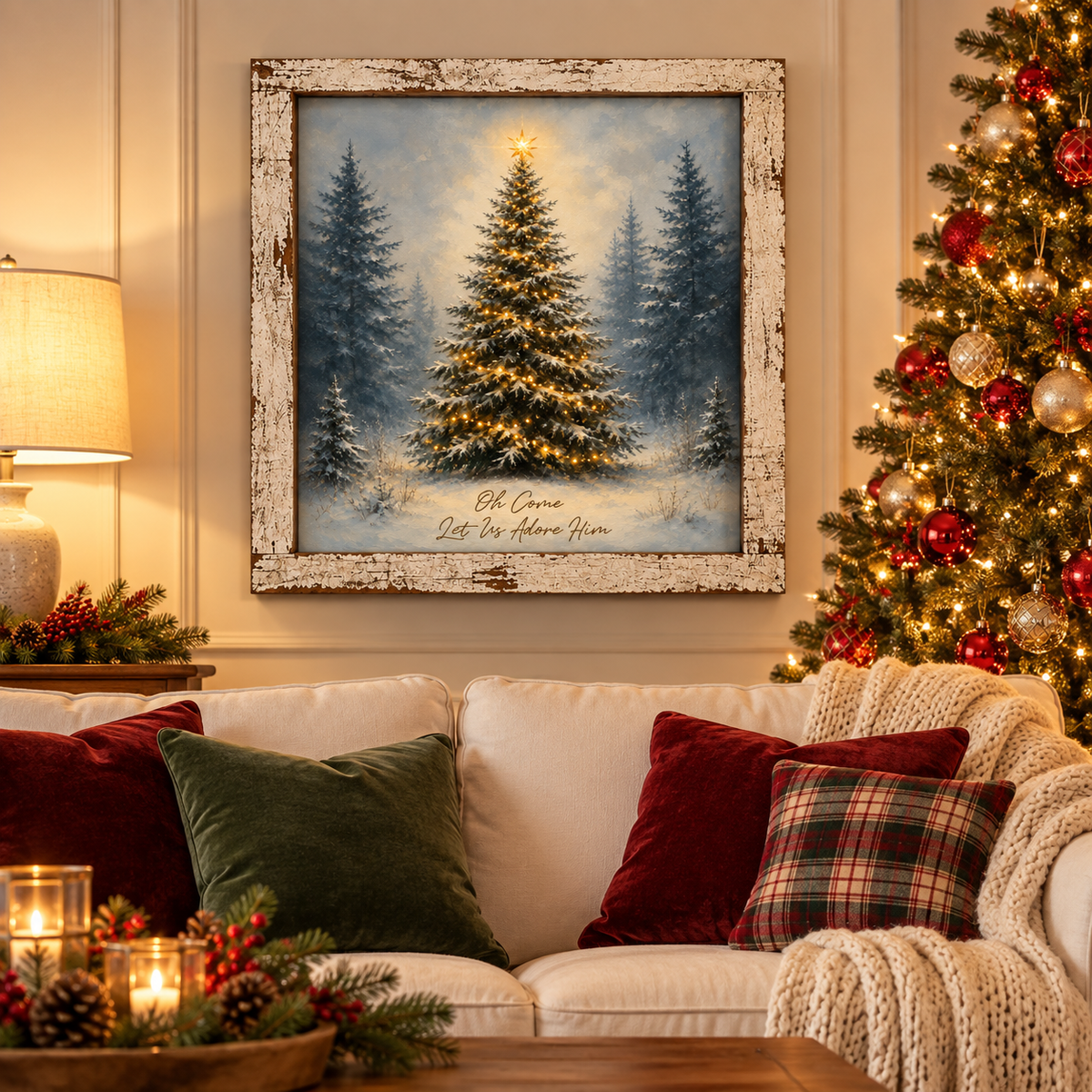 Oh Come Let Us Adore Him Christmas Tree Wall Sign - Lit Pine in Snow, 16 x 16" Distressed White Frame