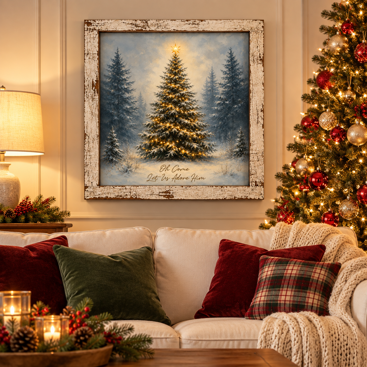 Oh Come Let Us Adore Him Christmas Tree Wall Sign - Lit Pine in Snow, 16 x 16" Distressed White Frame