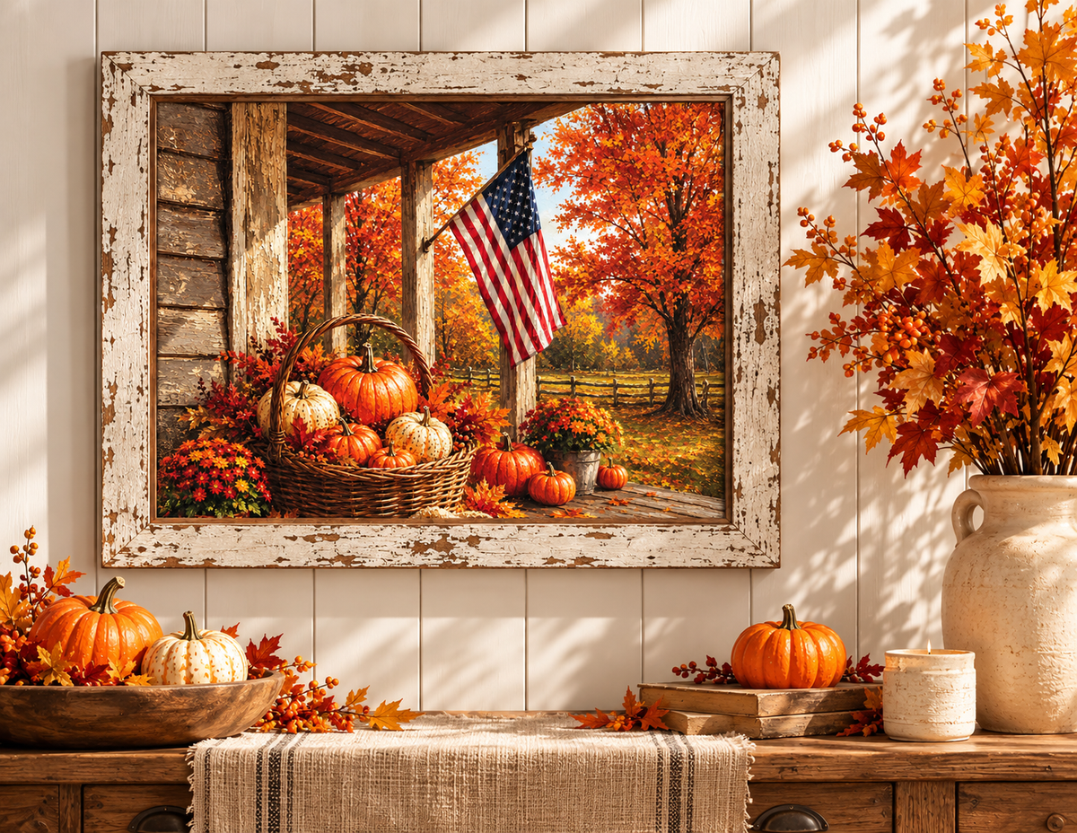 Patriotic fall wall sign of an American flag on a country porch with a basket of pumpkins and autumn maples in a 13.75 x 17.75 inch distressed white frame