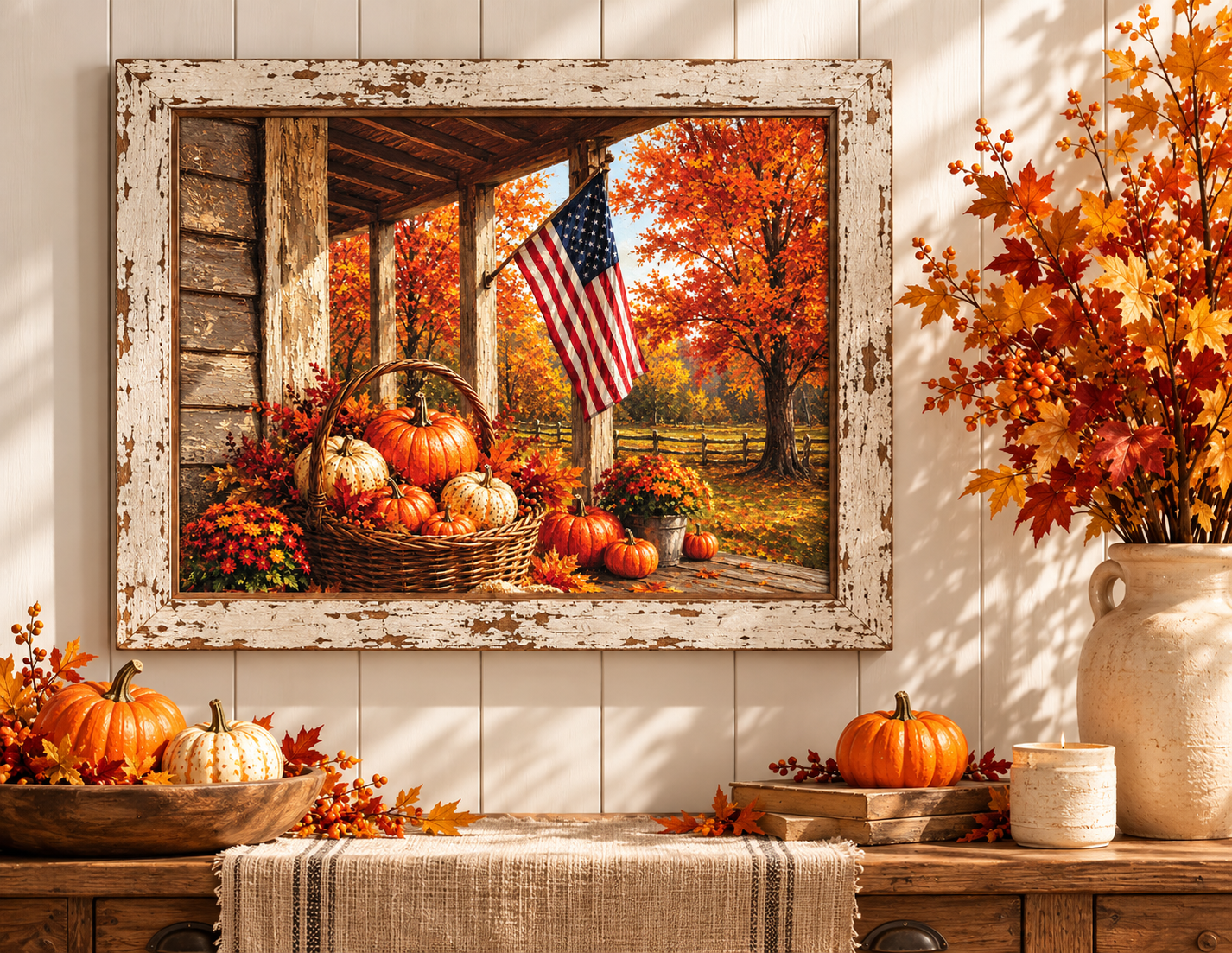 Patriotic fall wall sign of an American flag on a country porch with a basket of pumpkins and autumn maples in a 13.75 x 17.75 inch distressed white frame