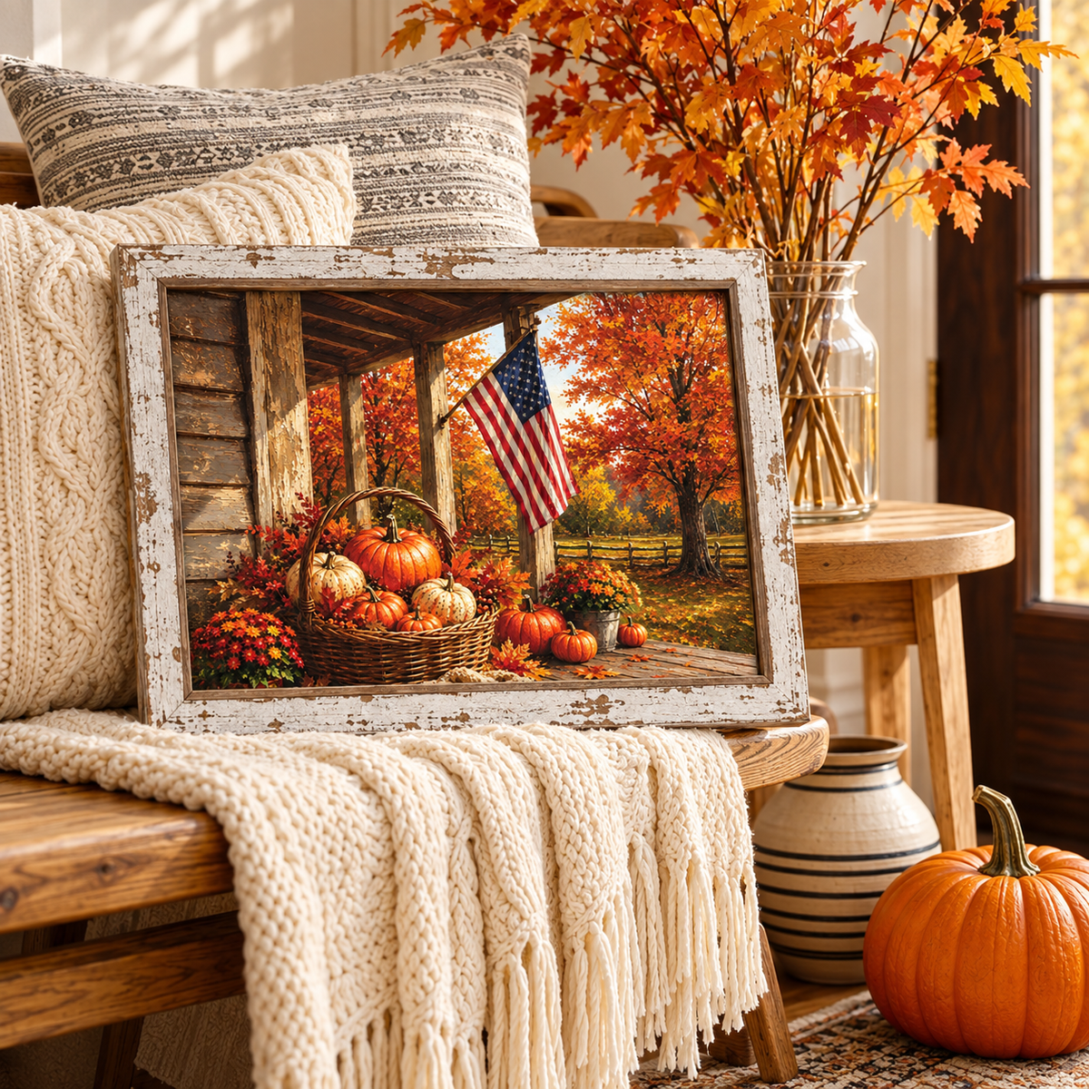 Patriotic fall wall sign of an American flag on a country porch with a basket of pumpkins and autumn maples in a 13.75 x 17.75 inch distressed white frame
