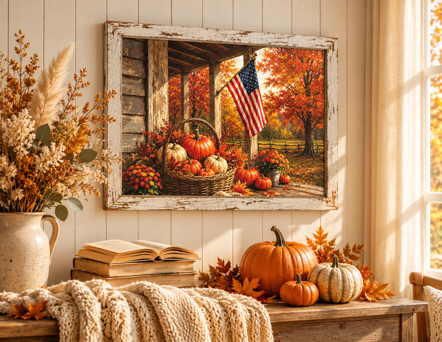 Patriotic fall wall sign of an American flag on a country porch with a basket of pumpkins and autumn maples in a 13.75 x 17.75 inch distressed white frame
