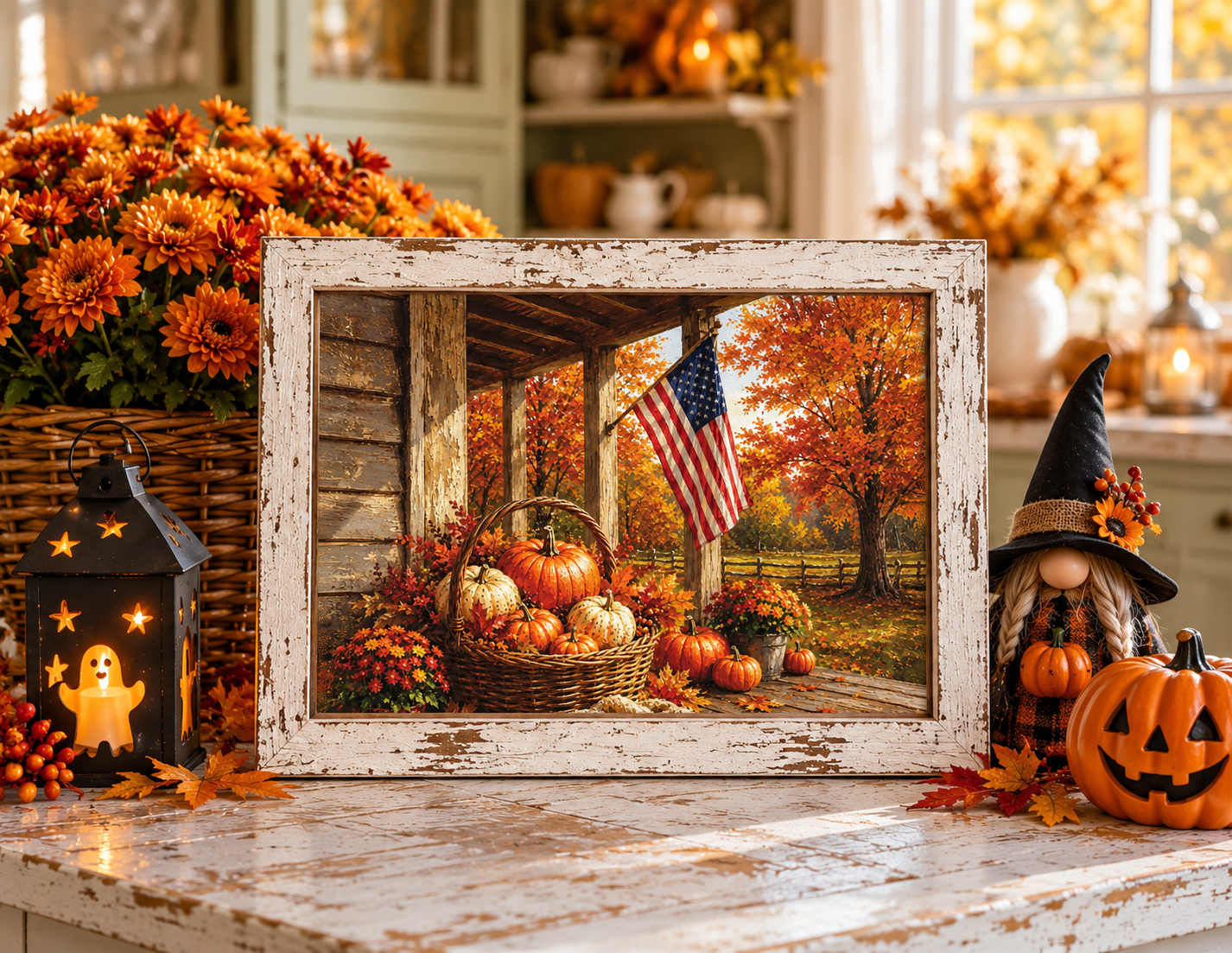 Patriotic fall wall sign of an American flag on a country porch with a basket of pumpkins and autumn maples in a 13.75 x 17.75 inch distressed white frame
