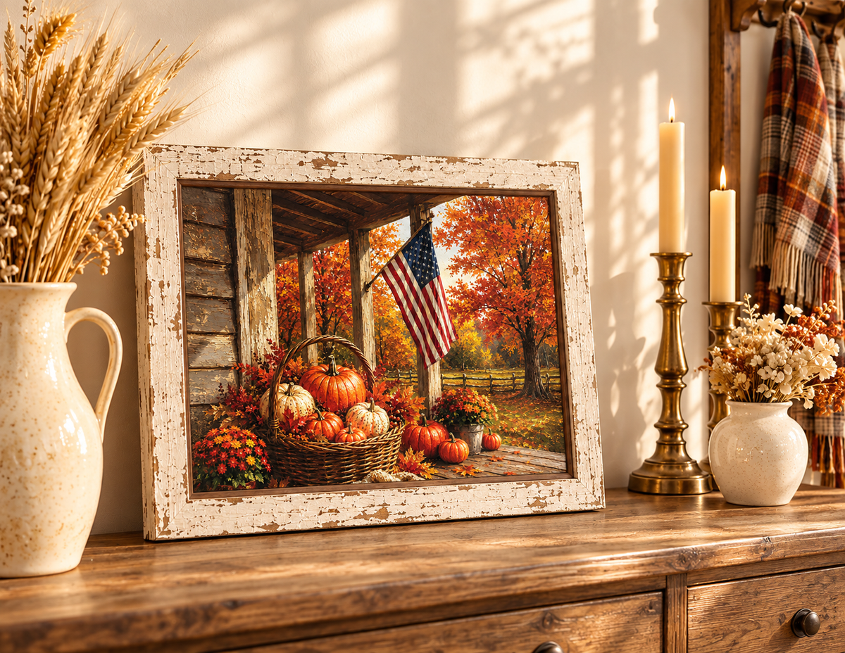 Patriotic fall wall sign of an American flag on a country porch with a basket of pumpkins and autumn maples in a 13.75 x 17.75 inch distressed white frame
