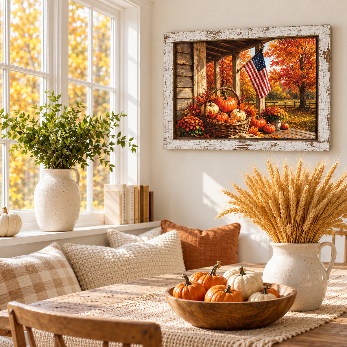 Patriotic fall wall sign of an American flag on a country porch with a basket of pumpkins and autumn maples in a 13.75 x 17.75 inch distressed white frame

