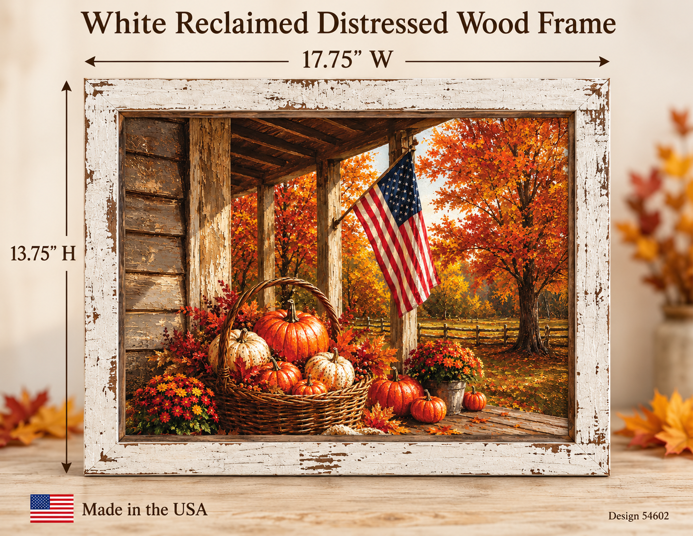 Patriotic fall wall sign of an American flag on a country porch with a basket of pumpkins and autumn maples in a 13.75 x 17.75 inch distressed white frame
