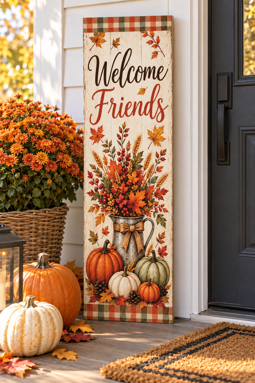 Vertical Welcome Friends fall pallet wood sign with a galvanized harvest pitcher, pumpkins, pinecones, and plaid borders, 7.25 x 24 inches