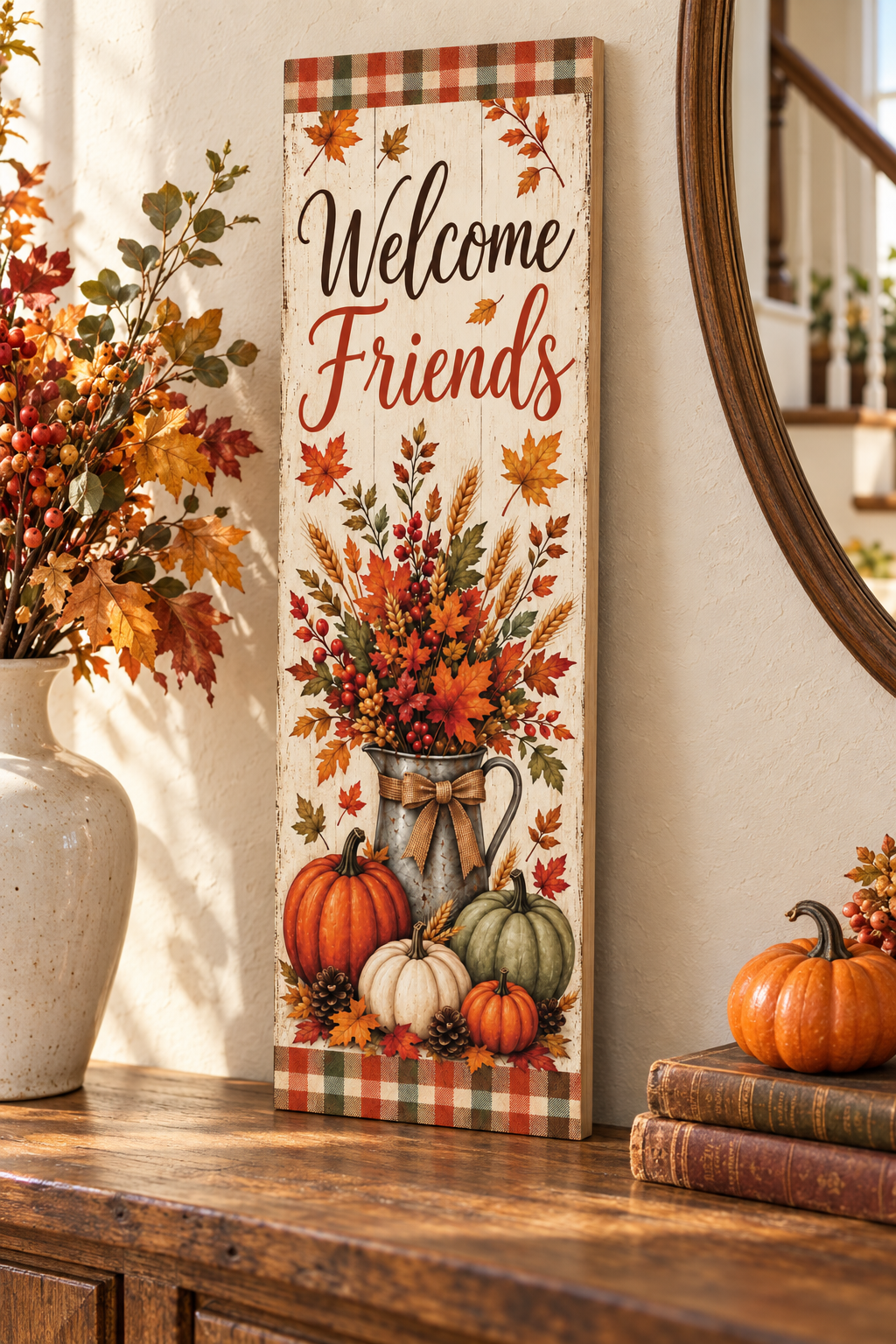 Vertical Welcome Friends fall pallet wood sign with a galvanized harvest pitcher, pumpkins, pinecones, and plaid borders, 7.25 x 24 inches