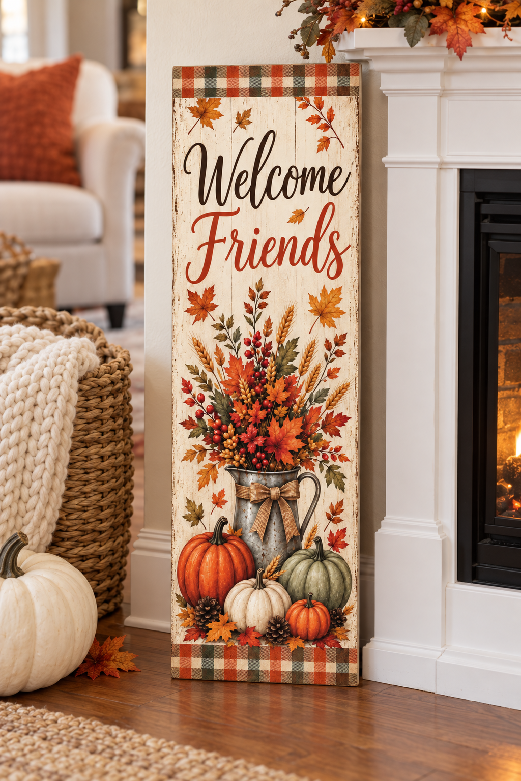 Vertical Welcome Friends fall pallet wood sign with a galvanized harvest pitcher, pumpkins, pinecones, and plaid borders, 7.25 x 24 inches