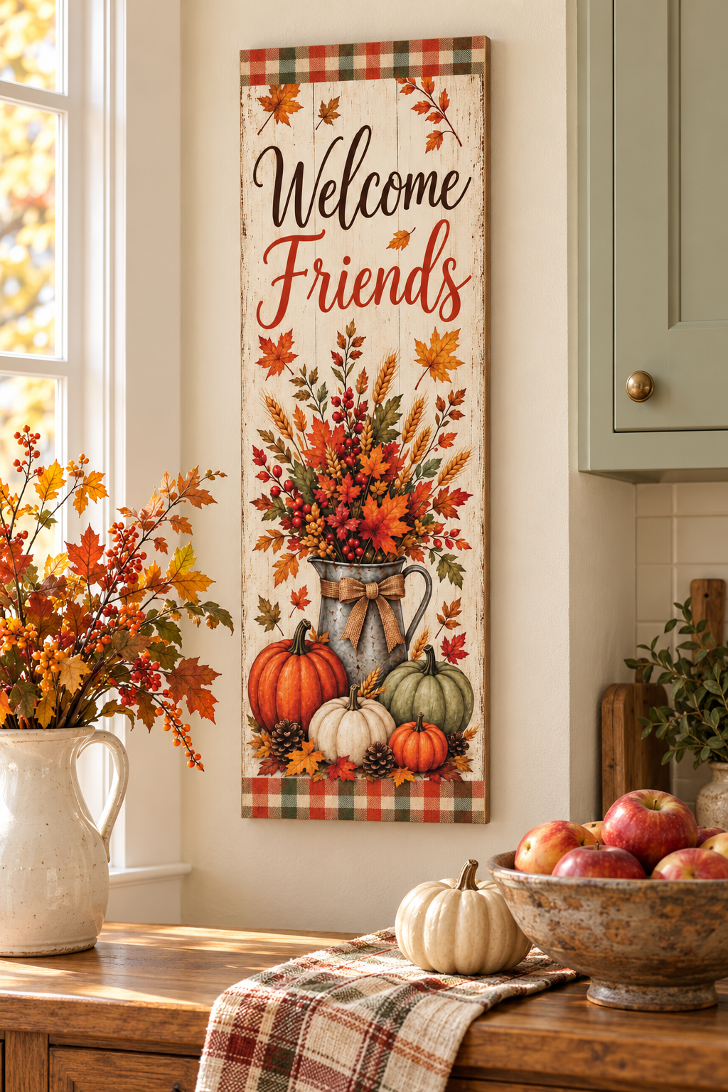 Vertical Welcome Friends fall pallet wood sign with a galvanized harvest pitcher, pumpkins, pinecones, and plaid borders, 7.25 x 24 inches