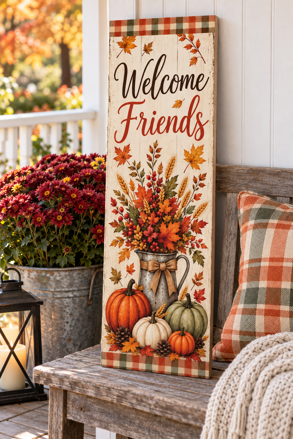 Vertical Welcome Friends fall pallet wood sign with a galvanized harvest pitcher, pumpkins, pinecones, and plaid borders, 7.25 x 24 inches