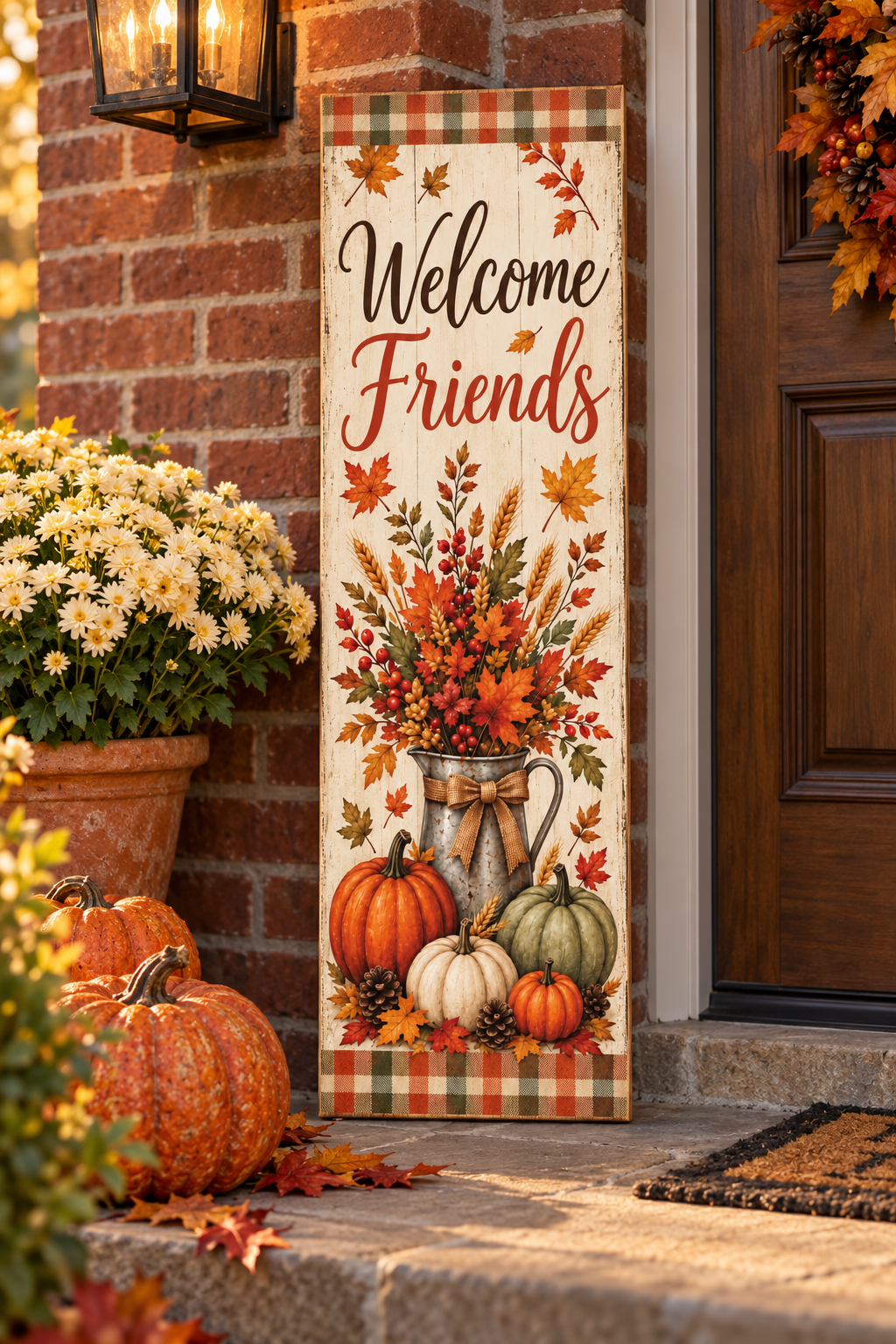 Vertical Welcome Friends fall pallet wood sign with a galvanized harvest pitcher, pumpkins, pinecones, and plaid borders, 7.25 x 24 inches