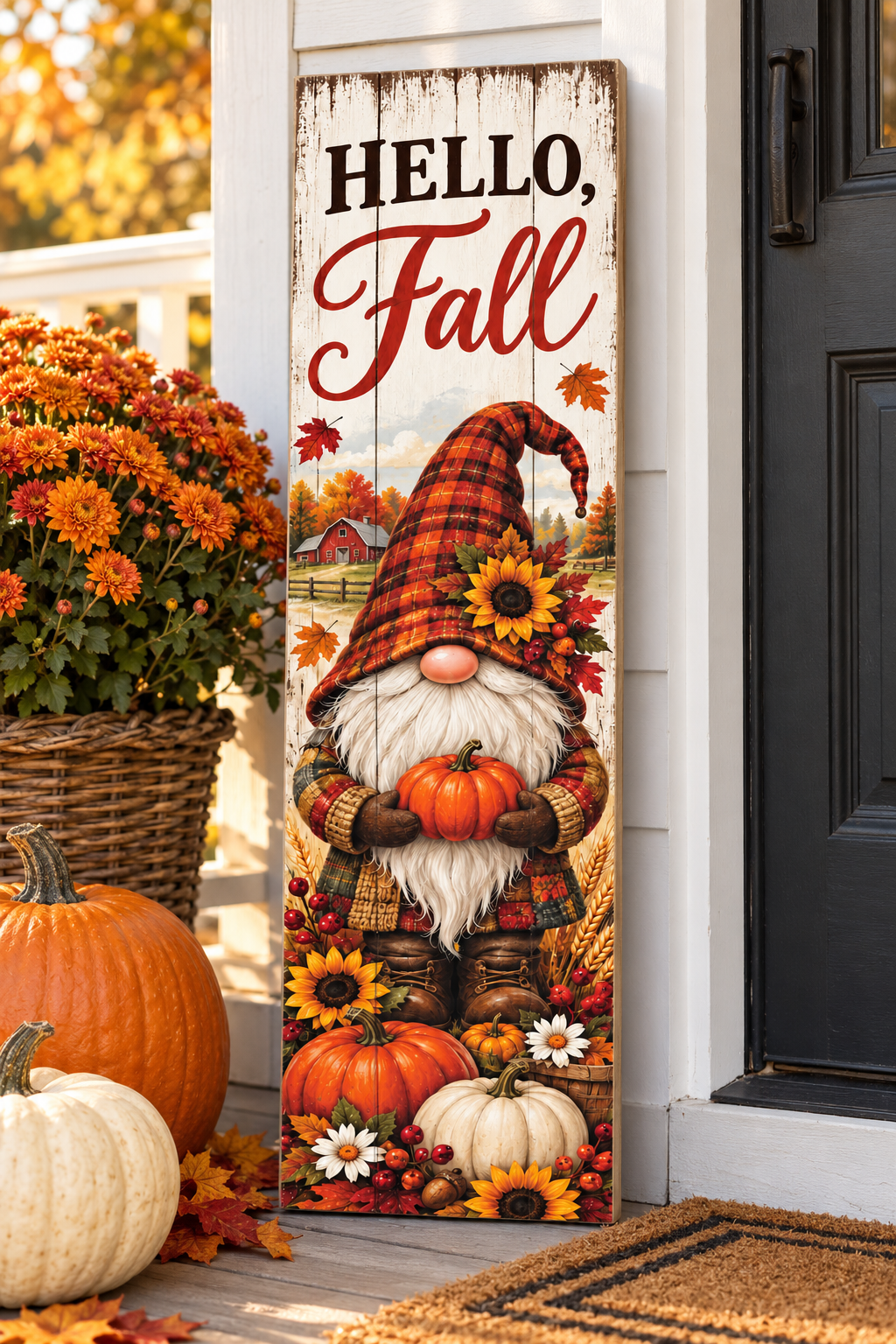 Vertical Hello Fall pallet wood sign with a plaid hat gnome holding a pumpkin among sunflowers and pumpkins, 7.25 x 24 inches,