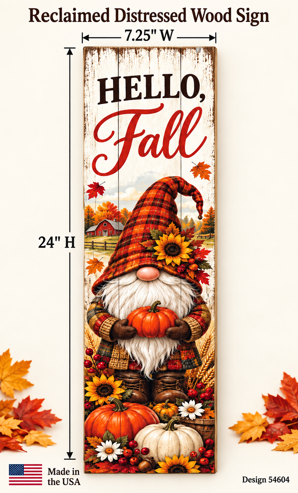 Vertical Hello Fall pallet wood sign with a plaid hat gnome holding a pumpkin among sunflowers and pumpkins, 7.25 x 24 inches,