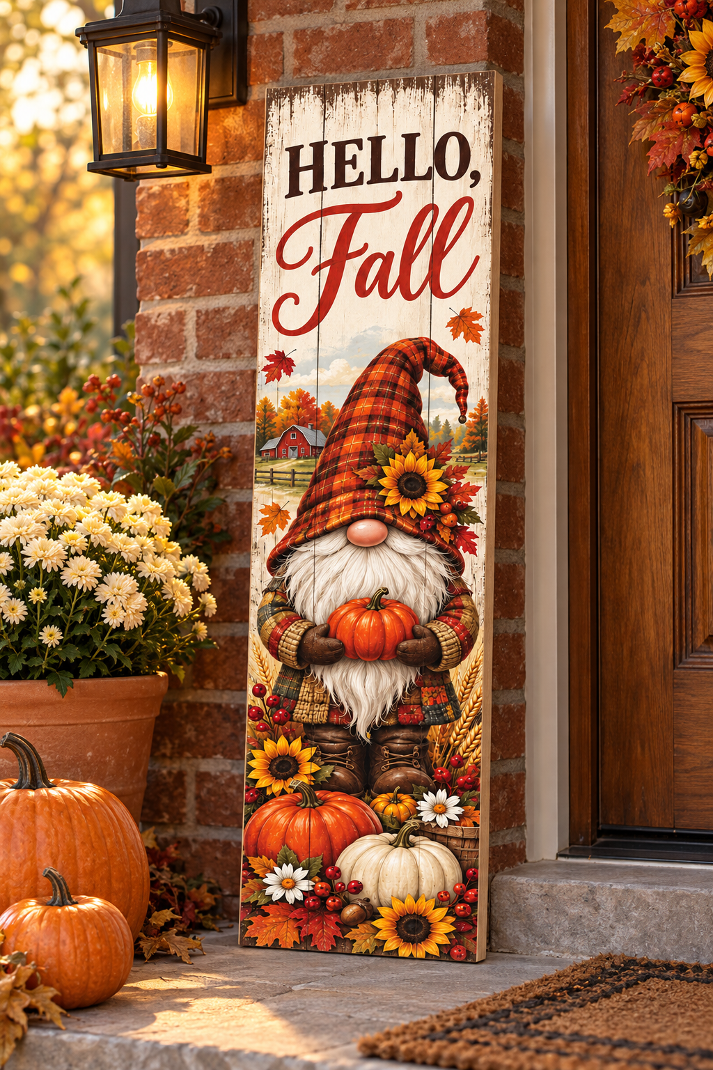 Vertical Hello Fall pallet wood sign with a plaid hat gnome holding a pumpkin among sunflowers and pumpkins, 7.25 x 24 inches,