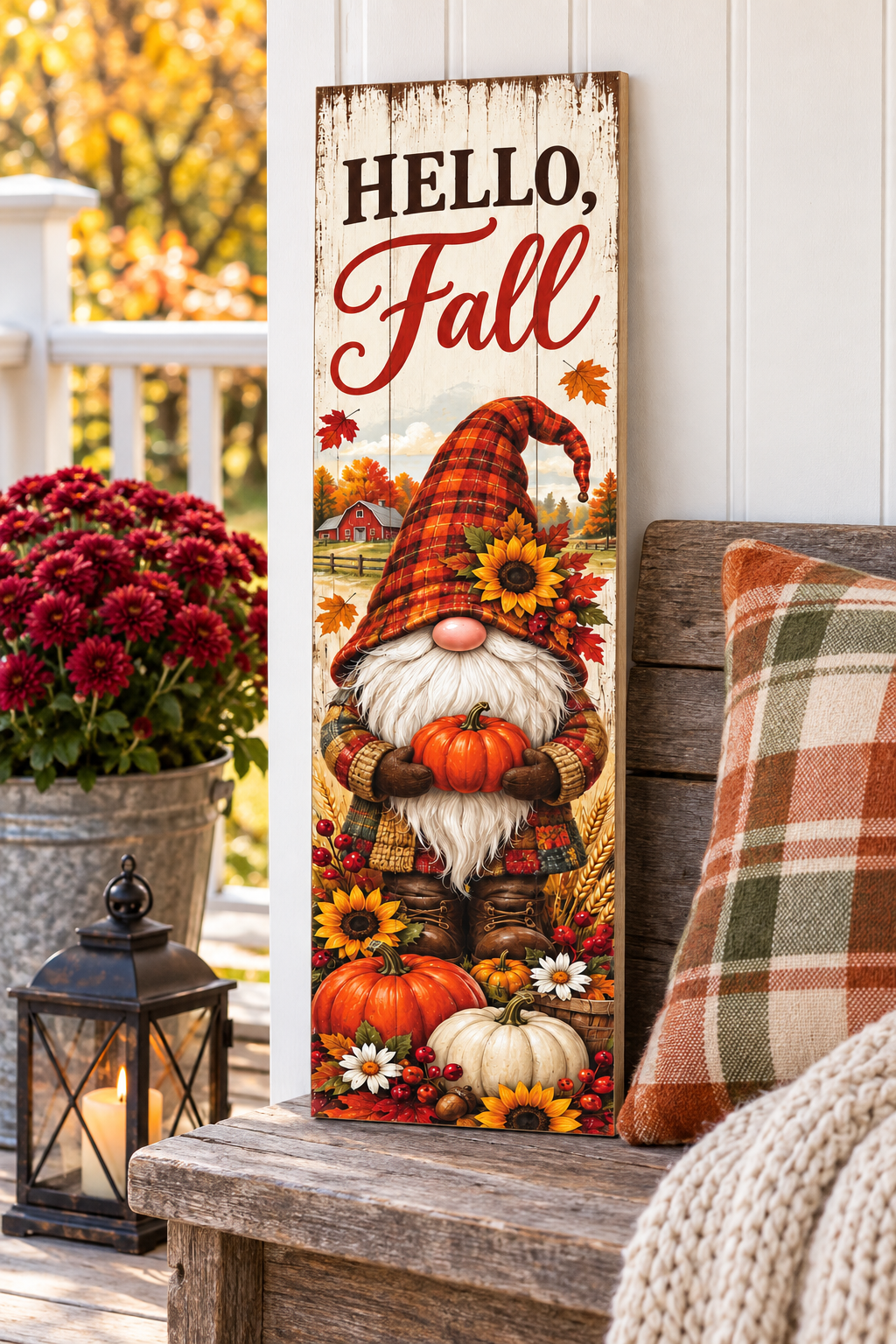 Vertical Hello Fall pallet wood sign with a plaid hat gnome holding a pumpkin among sunflowers and pumpkins, 7.25 x 24 inches,
