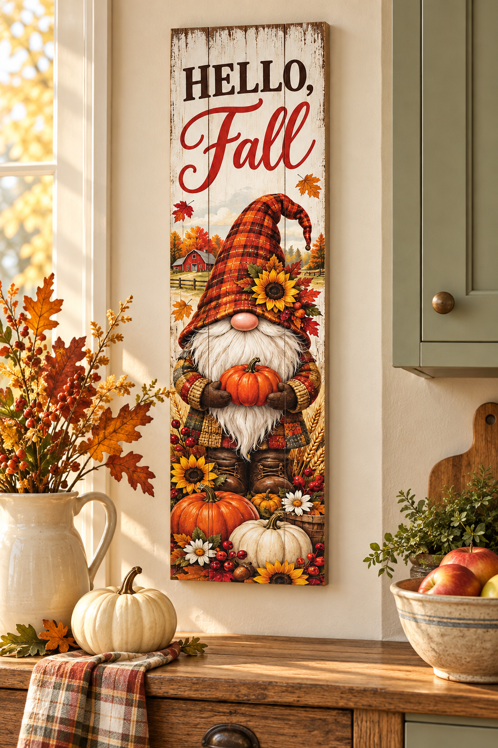 Vertical Hello Fall pallet wood sign with a plaid hat gnome holding a pumpkin among sunflowers and pumpkins, 7.25 x 24 inches,