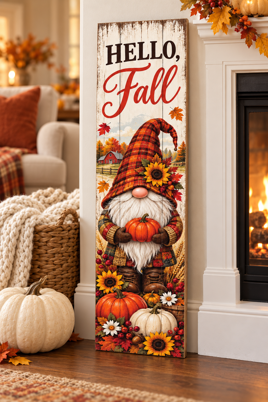Vertical Hello Fall pallet wood sign with a plaid hat gnome holding a pumpkin among sunflowers and pumpkins, 7.25 x 24 inches,