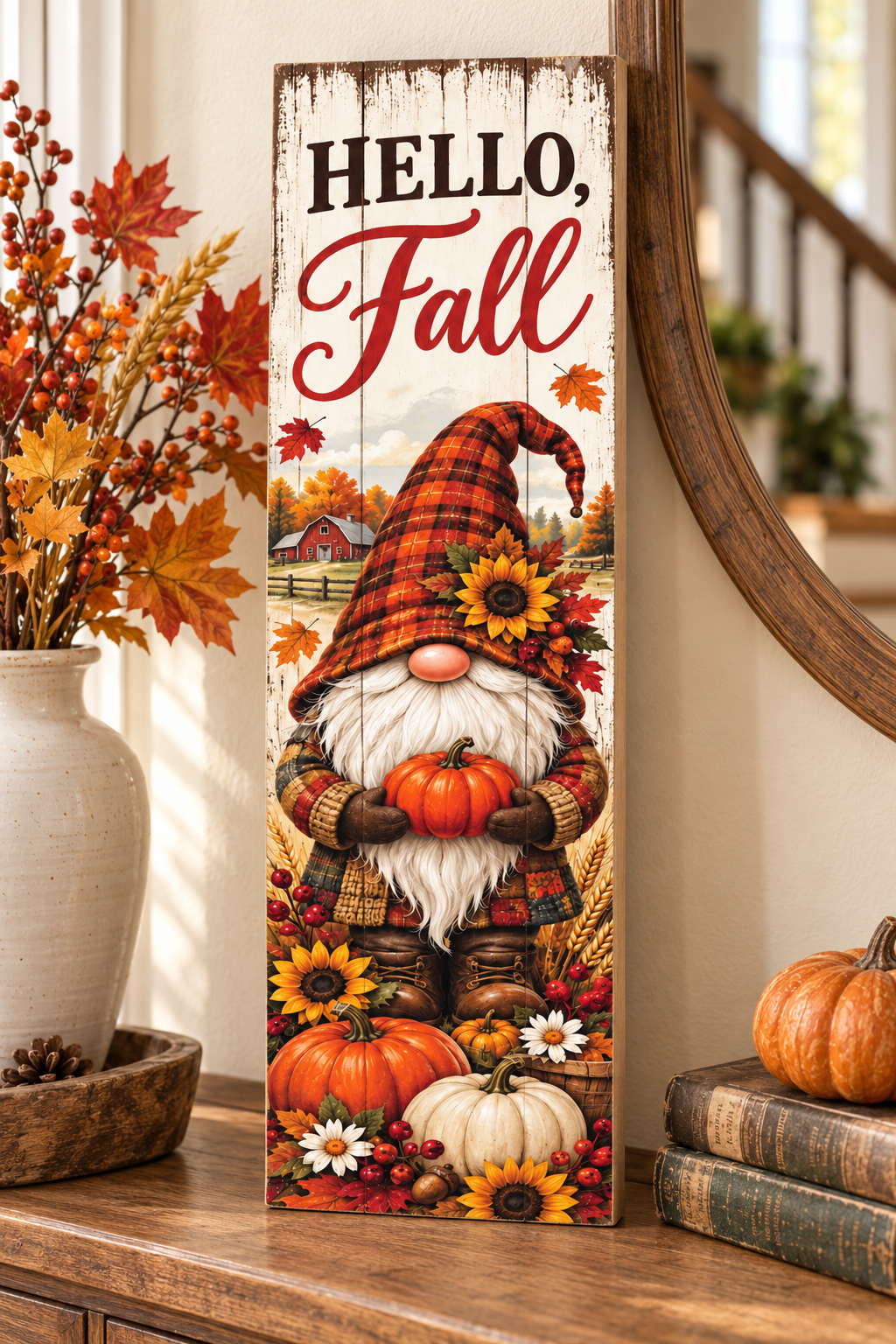 Vertical Hello Fall pallet wood sign with a plaid hat gnome holding a pumpkin among sunflowers and pumpkins, 7.25 x 24 inches,
