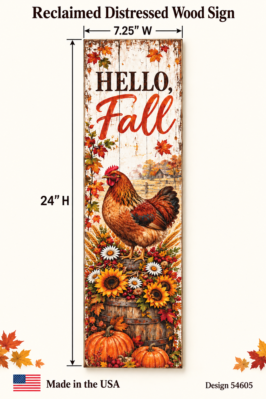 Vertical Hello Fall pallet wood sign with a russet hen on a sunflower barrel and pumpkins, 7.25 x 24 inches