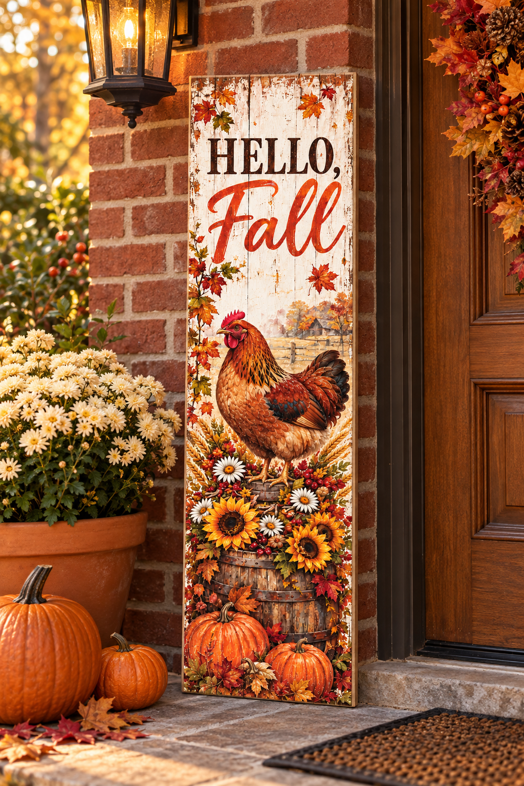 Vertical Hello Fall pallet wood sign with a russet hen on a sunflower barrel and pumpkins, 7.25 x 24 inches