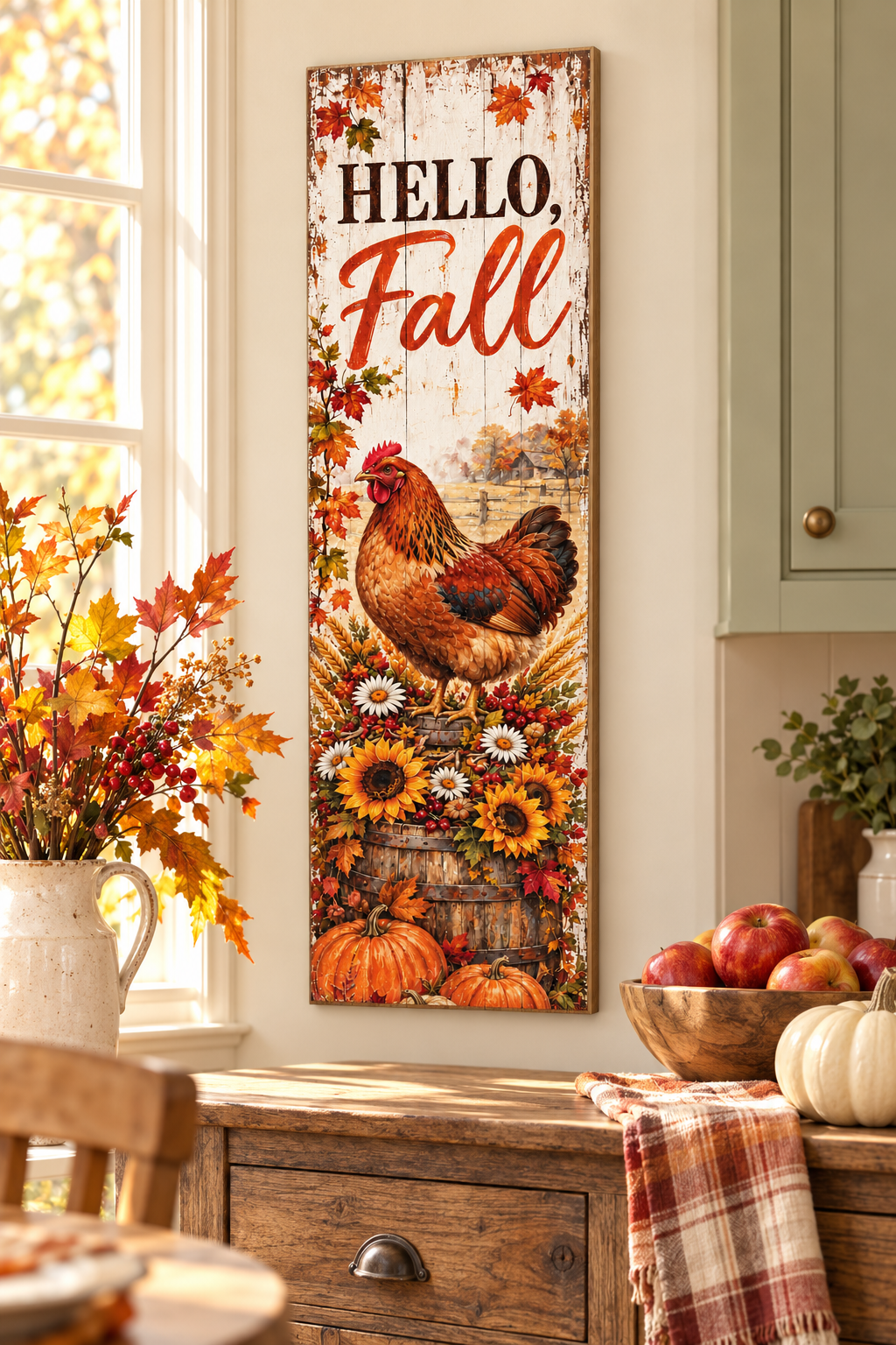 Vertical Hello Fall pallet wood sign with a russet hen on a sunflower barrel and pumpkins, 7.25 x 24 inches
