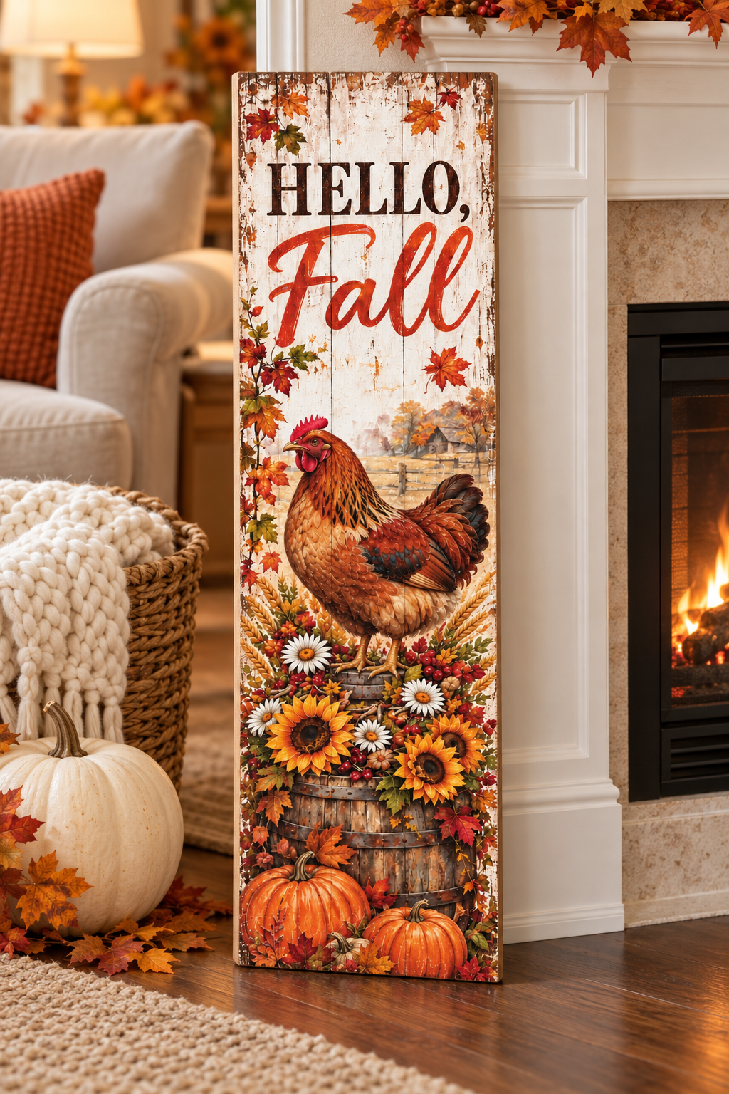 Vertical Hello Fall pallet wood sign with a russet hen on a sunflower barrel and pumpkins, 7.25 x 24 inches