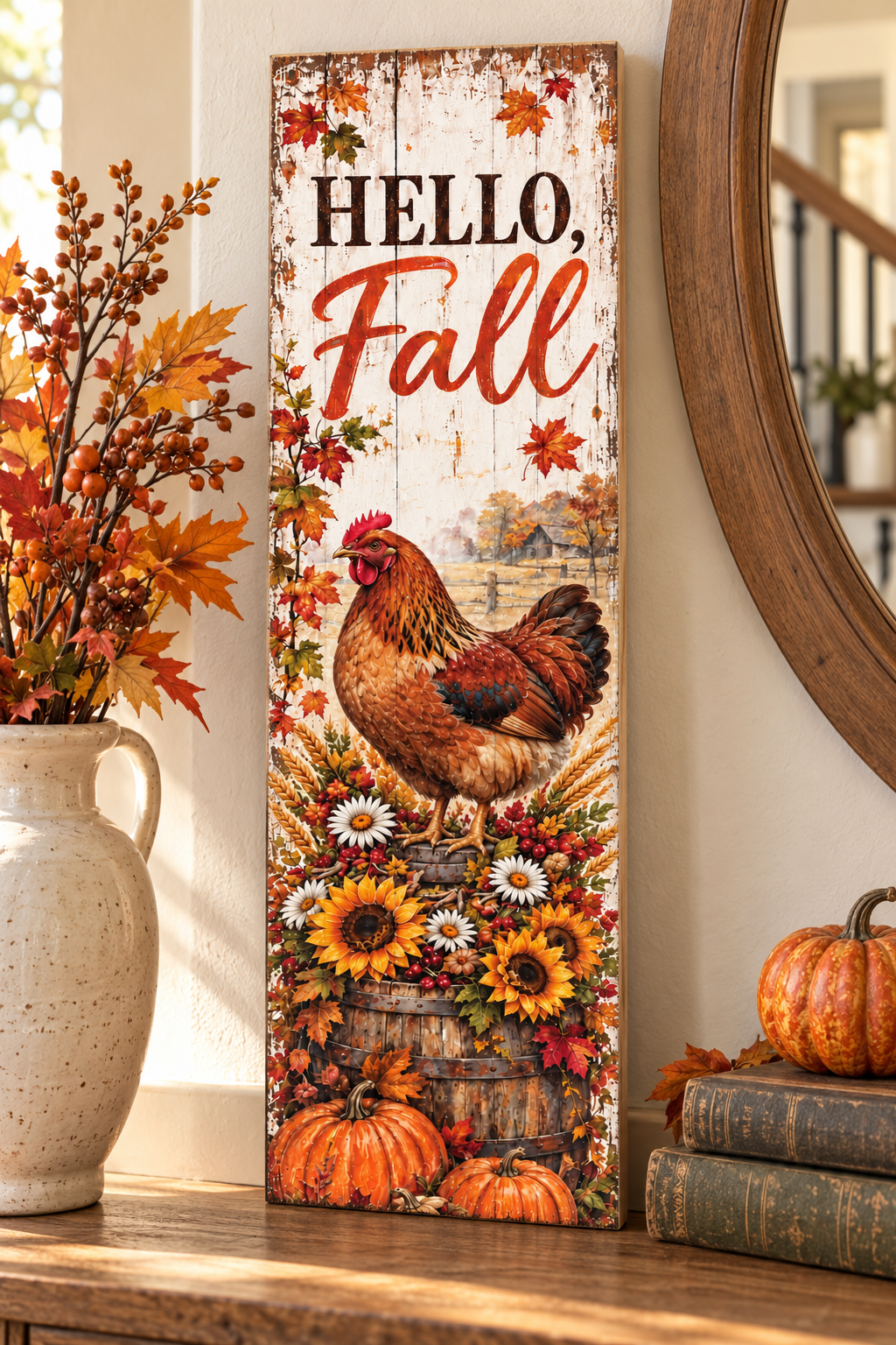 Vertical Hello Fall pallet wood sign with a russet hen on a sunflower barrel and pumpkins, 7.25 x 24 inches