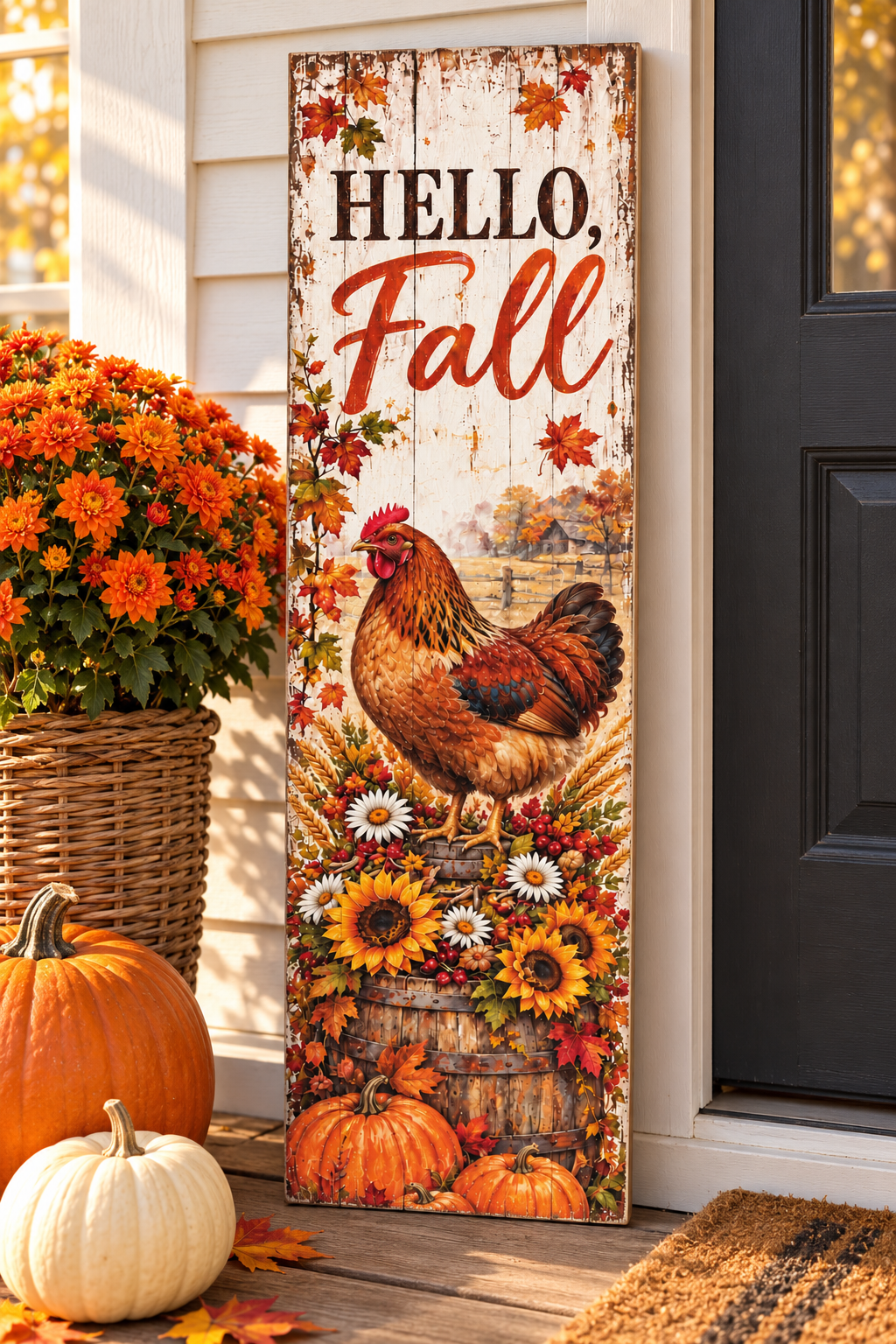 Vertical Hello Fall pallet wood sign with a russet hen on a sunflower barrel and pumpkins, 7.25 x 24 inches