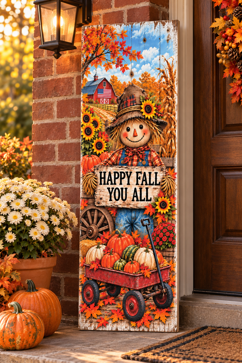 Vertical Happy Fall You All scarecrow pallet wood sign with a red wagon of pumpkins, sunflowers, and a red barn, 7.25 x 24 inches