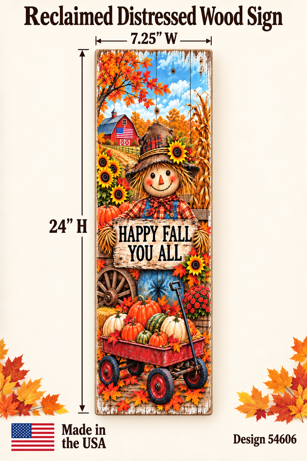 Vertical Happy Fall You All scarecrow pallet wood sign with a red wagon of pumpkins, sunflowers, and a red barn, 7.25 x 24 inches