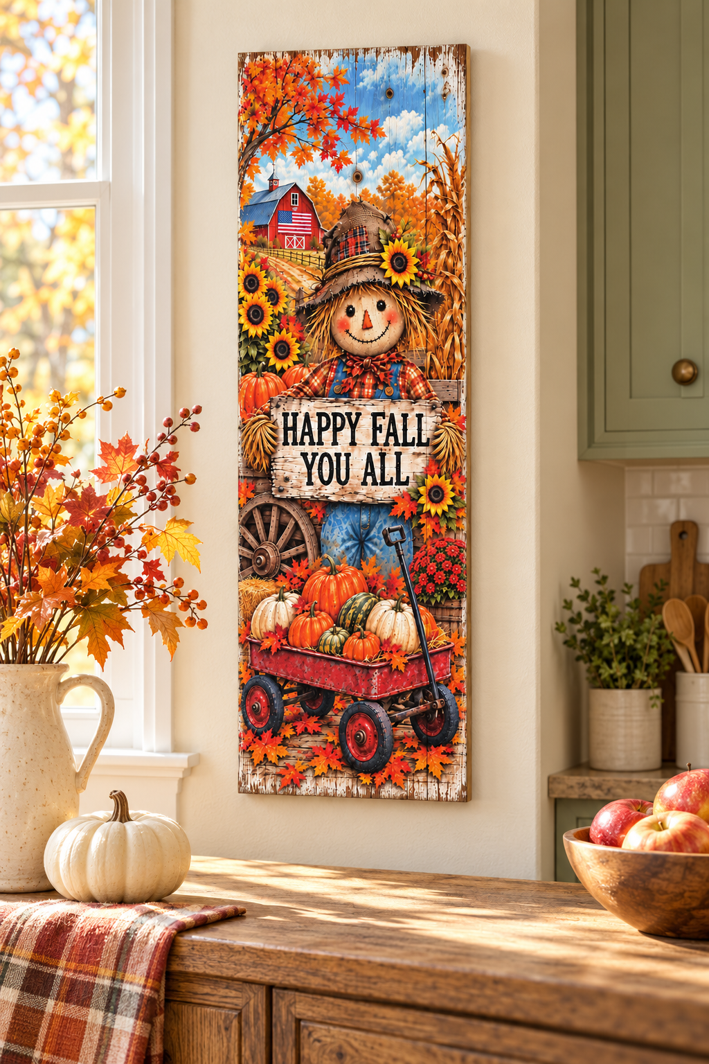 Vertical Happy Fall You All scarecrow pallet wood sign with a red wagon of pumpkins, sunflowers, and a red barn, 7.25 x 24 inches