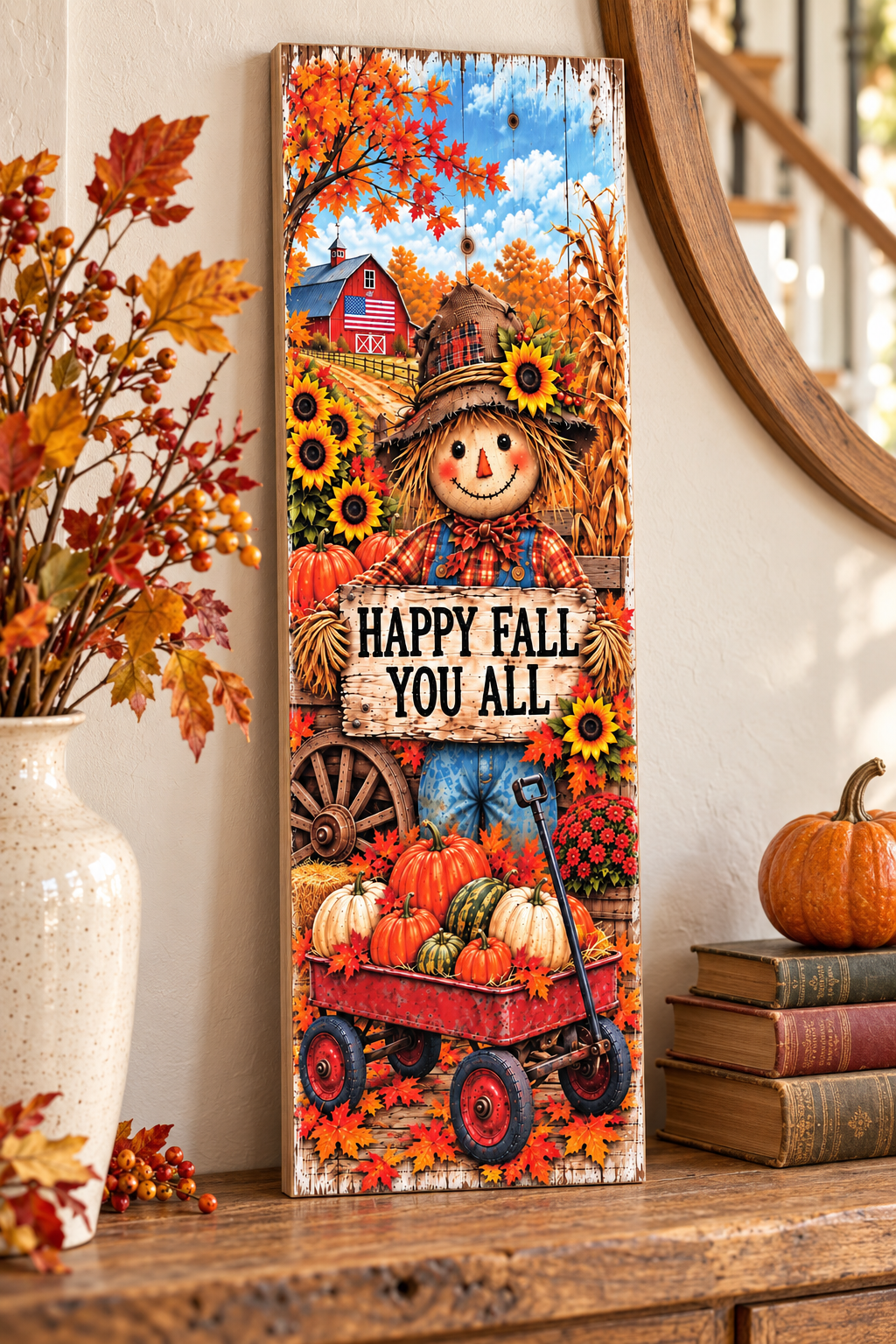 Vertical Happy Fall You All scarecrow pallet wood sign with a red wagon of pumpkins, sunflowers, and a red barn, 7.25 x 24 inches