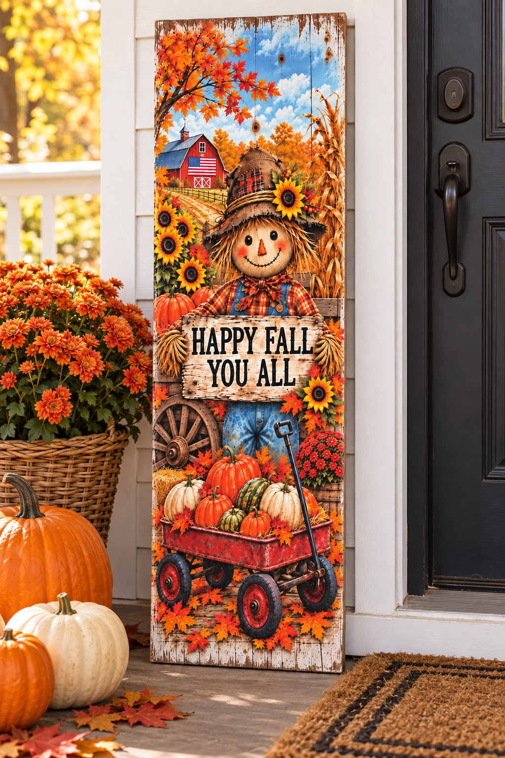 Vertical Happy Fall You All scarecrow pallet wood sign with a red wagon of pumpkins, sunflowers, and a red barn, 7.25 x 24 inches